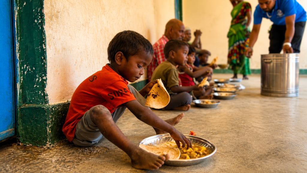 Birhor Children Eating Hot Meals